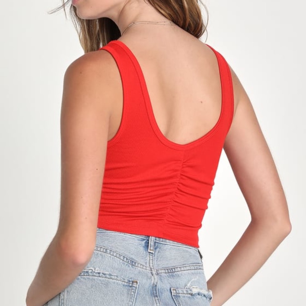 NWT LULUS Easygoing Excellence Red Ribbed Knit Ruched Tank Top coral small S - Picture 5 of 16